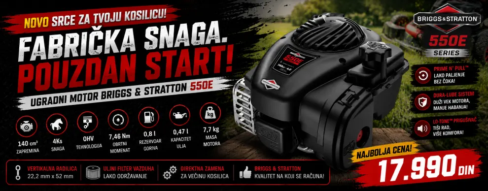 Stara kosilica teško pali, gubi kompresiju ili dimi plavo pri radu? Umesto skupog servisa nesigurnog ishoda, ugradni motor Briggs & Stratton 550E Series 140cc 4KS vraća kosilici fabričku snagu i pouzdano startovanje, uz vertikalnu radilicu prilagođenu za direktnu zamenu na većini kućišta noža.
